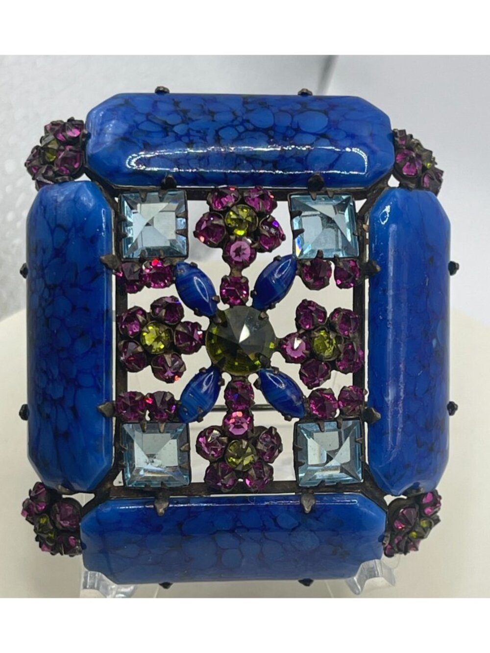 VTG Schreiner Book PC Brooch Faux Lapis Rhinestone Inverted Stones Multicolor De